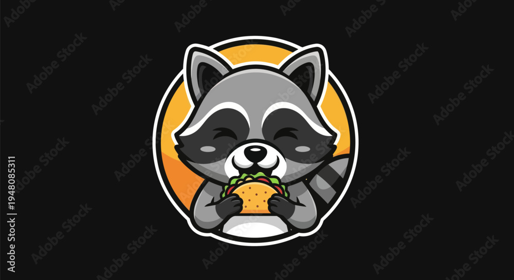 Fototapeta premium Cartoon raccoon eating food