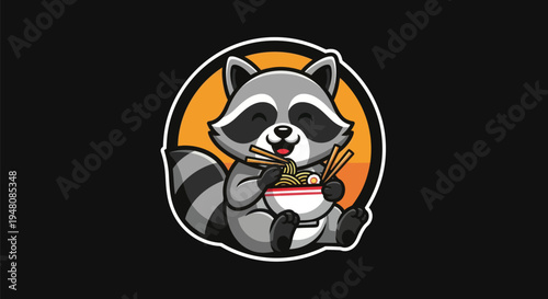 Cartoon raccoon eating noodles bowl