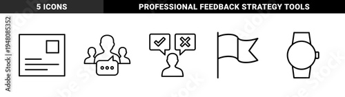 Business and communication icon set. Vector pictograms of users, chat, document, feedback, flag, and wristwatch, black line illustration.