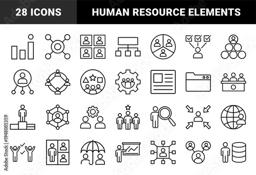Business management and human resources line icon set. Vector pictograms of team, hierarchy, leadership, training, and collaboration, thin outline illustration.