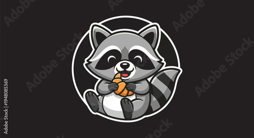 Cartoon raccoon eating pastry on black background