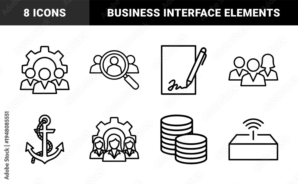 Fototapeta premium Business and office management icon set. Vector glyph pictograms of calendar, checkmark, envelope, gear, profile, bell, and document, black silhouette illustration.