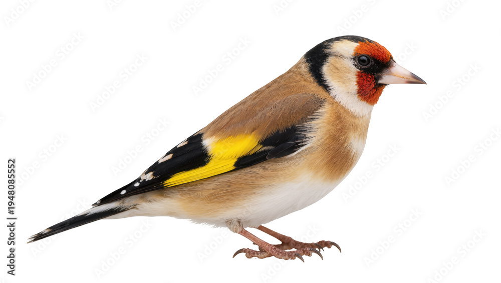 Naklejka premium Isolated European Goldfinch profile with distinctive red face and vibrant yellow wing bar