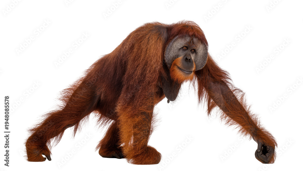 Obraz premium Isolated adult male orangutan with prominent cheek pads walking, full body shot
