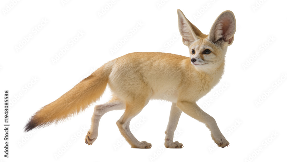 Obraz premium Isolated fennec fox, a small desert animal with huge ears, walking attentively.