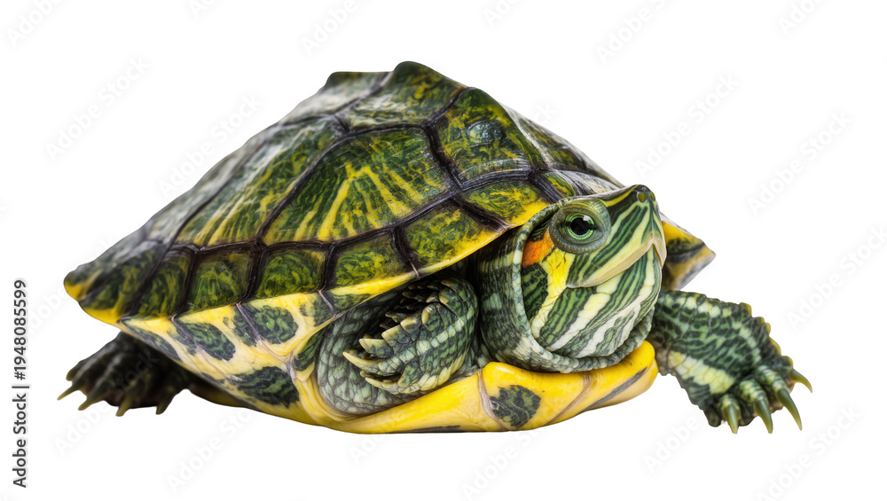 Fototapeta premium Isolated red-eared slider turtle, a colorful pet reptile with green shell and yellow markings