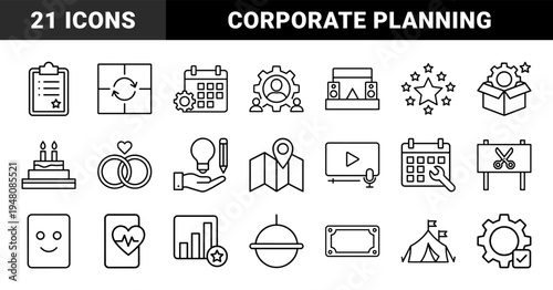 Business and event management icon set. Vector pictograms of calendar, gear, wedding rings, cake, lightbulb, tent, and statistics, thin outline illustration.