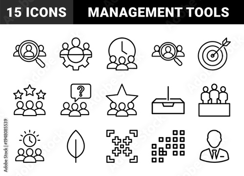 Human resources and business management icon set. Vector pictograms of recruiter, gear, clock, question, star, target, ballot box, and leaf, thin outline illustration.