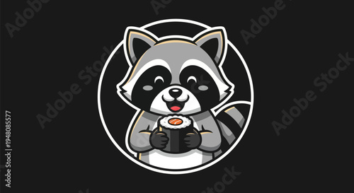 Cartoon raccoon holding sushi food