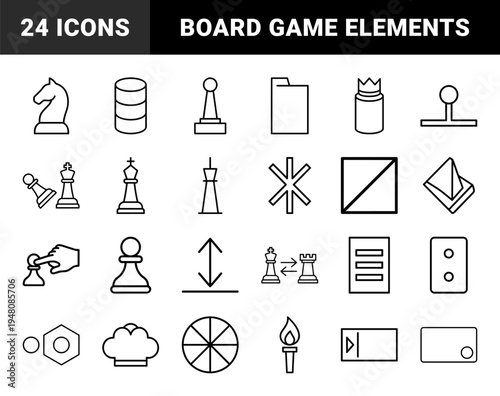 Chess and strategy line icon set. Vector pictograms of king, queen, knight, rook, pawn, castling, board, and competition, thin outline illustration.