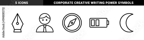 Business and utility line icon set. Vector pictograms of a businessman, pen nib, compass, crescent moon, and battery level, thin outline illustration.