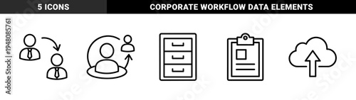 Business and office management icon set. Vector pictograms of filing cabinet, manager delegation, user profile, cloud upload, and clipboard report illustration.