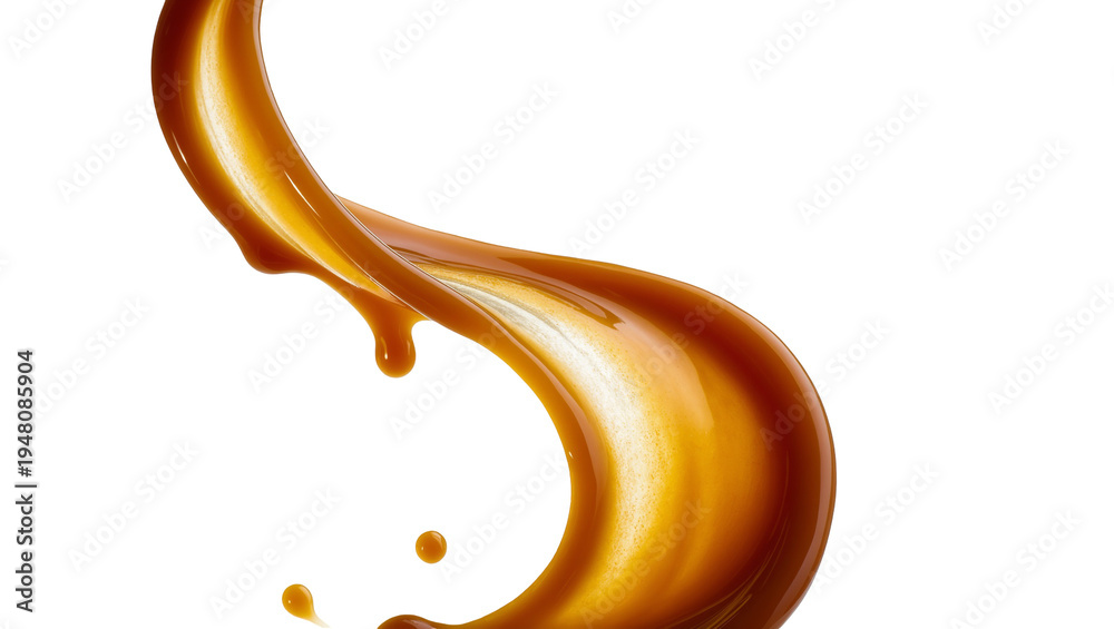 Fototapeta premium Isolated vibrant golden sweet caramel liquid splash with dynamic pouring and dripping flow