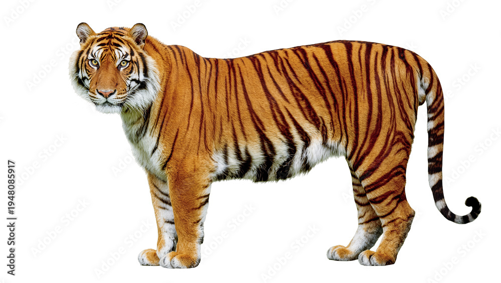 Obraz premium Isolated powerful majestic tiger standing, showcasing its impressive form and striped fur patterns.