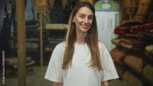 фотографія Woman smiling with face visible and eyes closed, standing in a carpet shop building aisle beside rolled rugs, wearing white t shirt; contentment home shopping