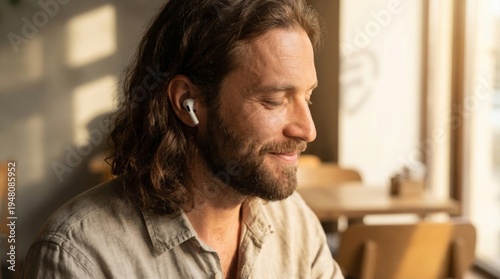 Jesus Christ with long hair and beard listening to music with earbud. Spiritual man in state of peaceful meditation and joy. Faith and religious devotion concept in modern lifestyle.