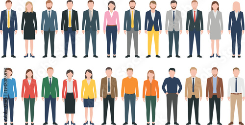 Diverse business people standing in professional attire illustration. Group of office workers and executives vector set.