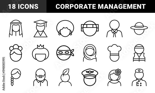 Business and office line icon set. Vector pictograms of document, gear, chart, briefcase, clock, bulb, globe, and user, thin outline illustration.