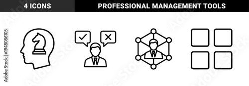 Business management icon set. Vector pictograms of strategy, decision making, networking, and layout, black outline illustration.