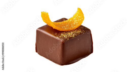 Фотография Isolated elegant dark chocolate praline with candied orange peel and sparkling g