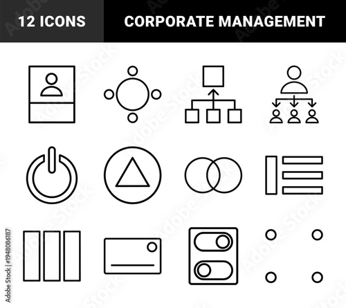Business management and interface line icon set. Vector pictograms of hierarchy, meeting, leadership, power, menu, circles, triangle, and toggle switches.