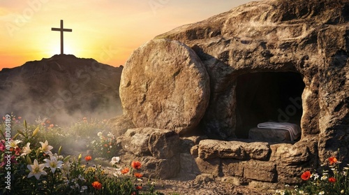 Empty tomb of Jesus Christ with rolled away stone and cross on hill at sunrise. Resurrection of Jesus, biblical event for Easter celebration. Christianity religious art background.