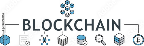 Blockchain technology concept with digital network icons illustration. Cryptocurrency and blockchain vector with connected data symbols.