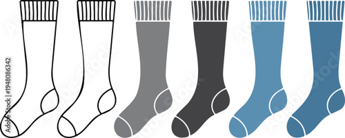 Minimalist knee high socks vector icons set featuring long cotton hosiery in outline solid and blue graphic styles.