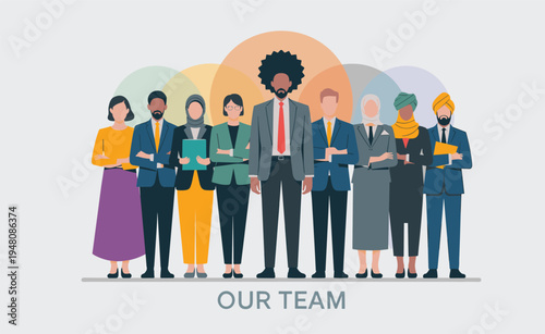 Diverse Business Team Standing Together Corporate Workplace Concept. Professional Multicultural Office Team Leadership and Collaboration Illustration.