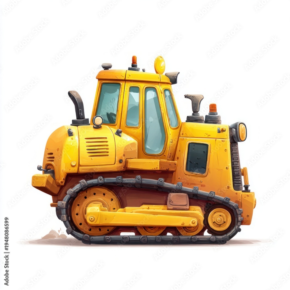 Fototapeta premium Cute yellow cartoon bulldozer with tracks and lights on a white background