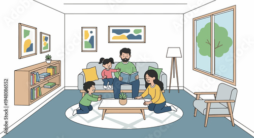 Family Gathering in Living Room Together.