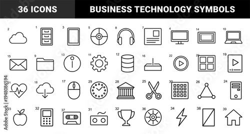Universal technology and business line icon set. Vector pictograms of laptop, smartphone, cloud, database, mail, gear, and multimedia, thin outline illustration.