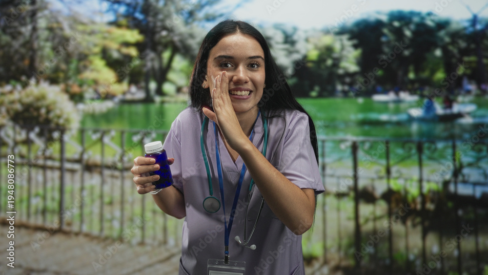 Fototapeta premium Woman nurse in lavender scrubs wearing stethoscope and badge holding blue pill bottle with hand to cheek and smiling in park; reassurance care.