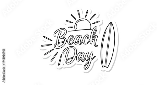 Beach Day vector illustration with surfboard and sun