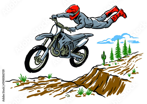 Motocross freestyle jump illustration. Extreme dirt bike stunt art. Desert racing adventure. Hand drawn motorcycle rider graphic.