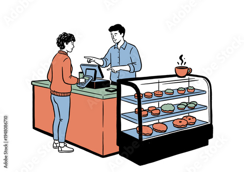 Bakery shop customer payment. Modern cafe retail scene. POS terminal transaction illustration. Fresh pastries display case. Vector art style.