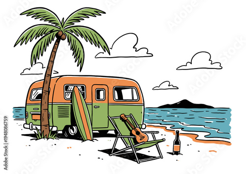 Vintage camper van art. Tropical beach vacation scene. Surfboard and ukulele vibes. Summer travel road trip. Retro caravan on the sand.