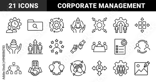Business management line icon set. Vector pictograms of teamwork, strategy, growth, collaboration, gears, and corporate leadership, thin outline illustration.