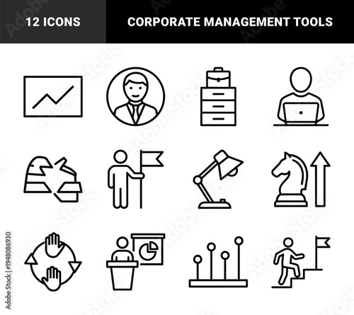 Business and office line icon set. Vector pictograms of document, bulb, user, clock, folder, chat, globe, gear, and growth, thin outline illustration.