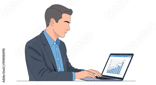 Focused professional businessman in a tailored suit intently analyzing financial data and strategic market trends on his laptop, illustrating growth and successful business planning