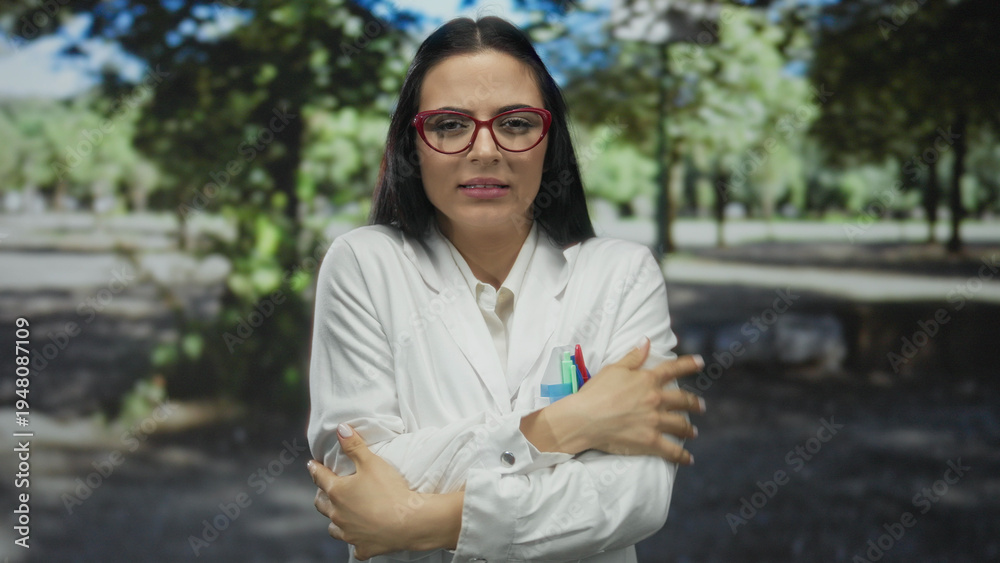 Fototapeta premium Woman scientist shivering in cold park setting, wearing glasses and lab coat, expresses discomfort in outdoor environment surrounded by trees.