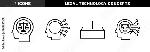 Artificial intelligence ethics and legal technology icon set. Vector pictograms of scales, human head, neural connections, and circuit board, thin outline illustration.