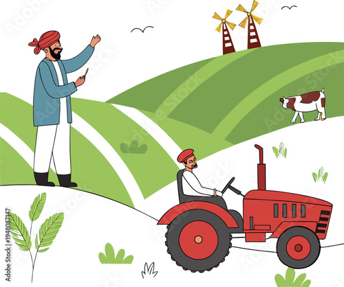 Vibrant Countryside Scene Featuring Traditional Indian Farmer and Rolling Hills.