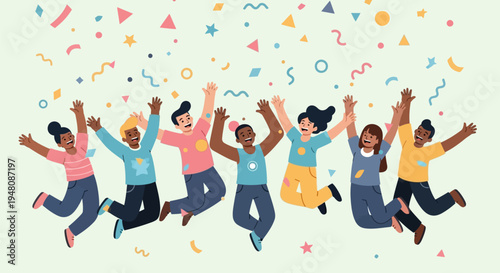 Group of People Jumping with Confetti.