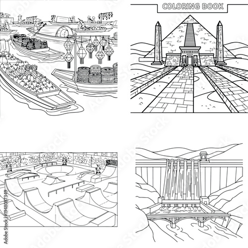 Global landmarks & activities coloring set: floating market, pyramid & skate park