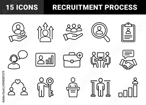 Human resources line icon set. Vector pictograms of recruitment, headhunting, hiring, interviews, career growth, and management, thin outline illustration.