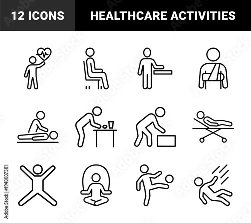 Medical and lifestyle icon set. Vector pictograms of patient, surgery, injury, rehabilitation, stretching, jumping, and health care, black outline illustration.