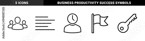 Business and management line icon set. Vector pictograms of users, clock, progress bars, key, and flag, thin black outline illustration.