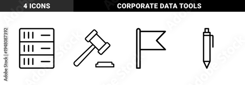Business and legal line icon set. Vector pictograms of a gavel, server rack, pen, and flag, thin outline illustration.