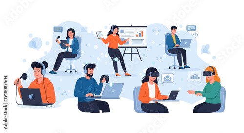 Diverse group of people working collaboratively in a modern office environment, engaging in remote work and virtual meetings with laptops and VR headsets.